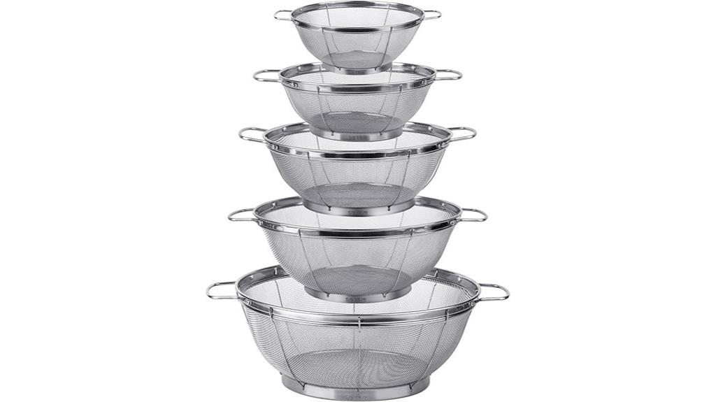 five stainless steel sieves