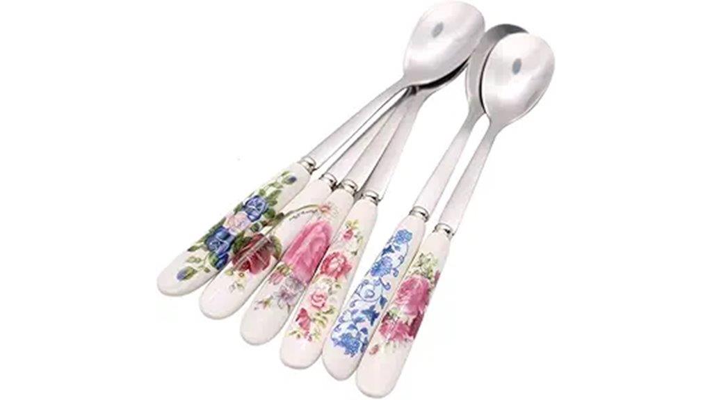 six stainless ceramic spoons