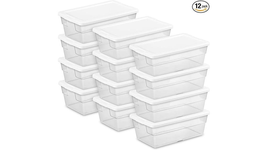 twelve 6 quart storage boxes